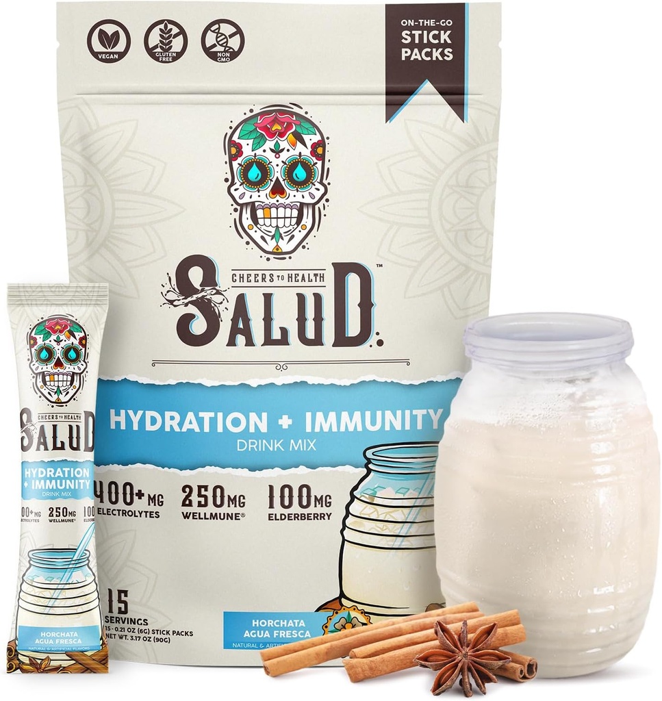 Salud 2-en-1 Hydration Packets + Immunity Electrolytes Powder, Horchata - Agua Fresca Drink Mix, Elderberry, Dairy &amp; Soy Gratis, No Gluten Free, Vegan, Baja Calorie, 1g Sugar (15 Servings)