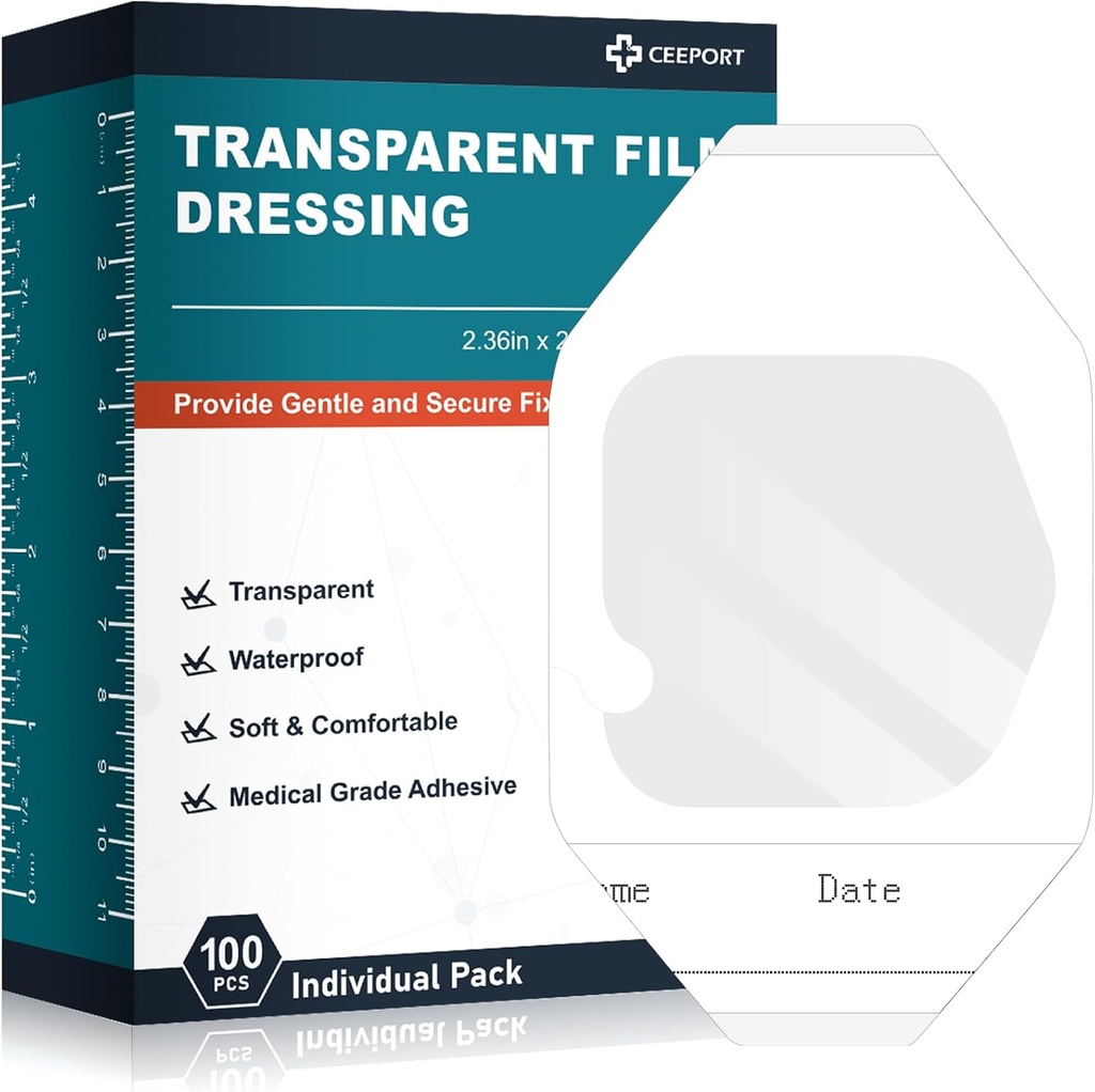Transparent Film Dressing 2.36" x 2.75", 100 Packs Waterproof Bandage Adhesive Patches, Wound Cover Patches for Post Surgical Shower, IV Shield, Tattoo Aftercare Bandage