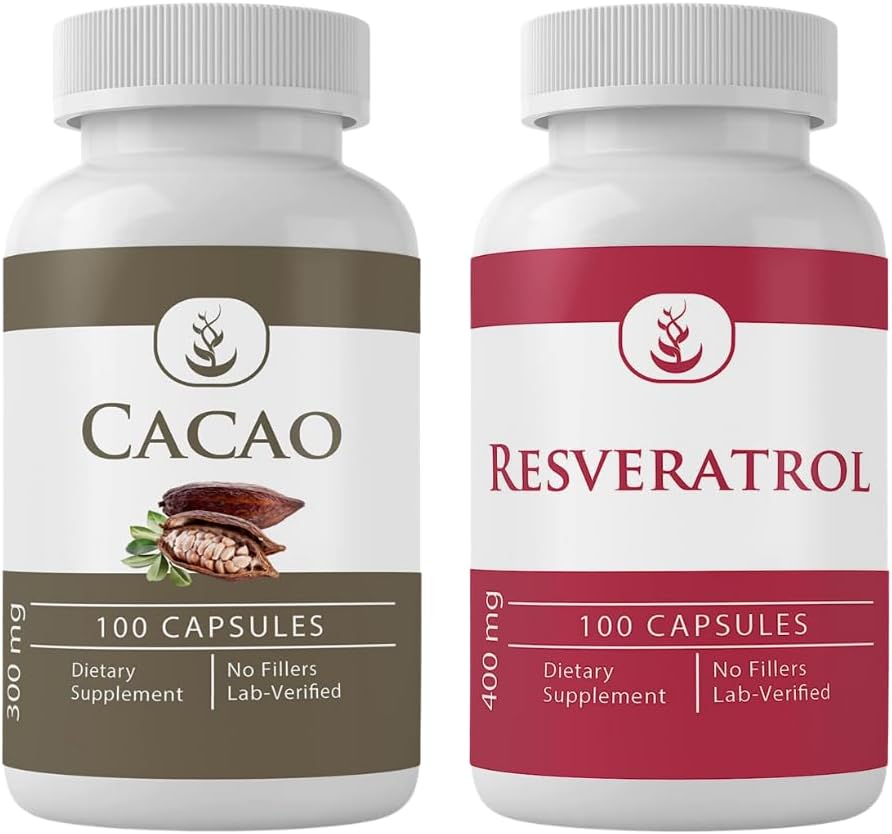 PURE ORIGINAL INGREDIENTES Cacao &amp; Resveratrol Capsule Bundle (100 cápsulas cada uno), No aditivos o artillería, Lab Verified