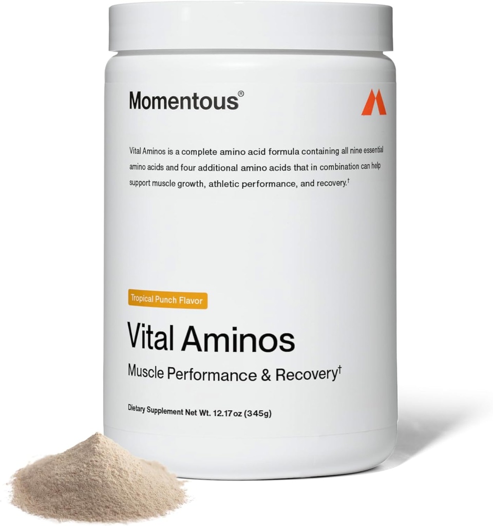Momentous Vital Aminos Powder Supplement - BCAA &amp; EAA - Tropical Punch - NSF Certificado para Deporte - GMO- & Gluten-Free - 30 Serviciones - Paquete Mayo Vary