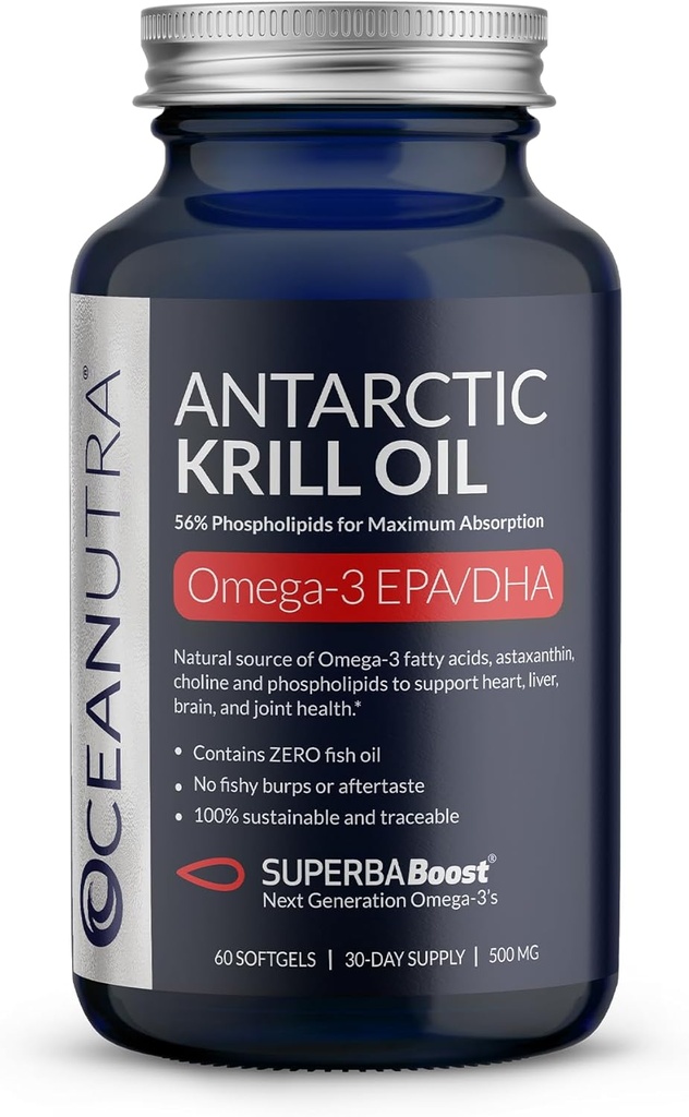 Wild Caught Antártico Krill Oil 500MG, 60 Softgels, SuperbaBoost Omega 3 Suplemento, EPA & DHA, Astaxanthin, Choline, 56% Phospholipids, Sostenible, Traceable, No Fish Oil, Vanilla Flavor