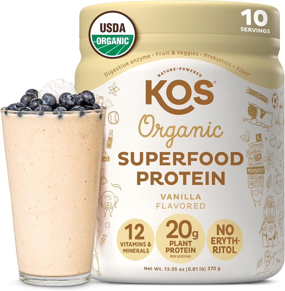 KOS Plant Based Protein Powder, Vanilla USDA Organic - Low Carb Pea Protein Blend, Vegan Superfood Rich in Vitamins & Minerals - Keto, Soy, Dairy Free - Meal Replacement for Women &amp; Men - 10 Servings