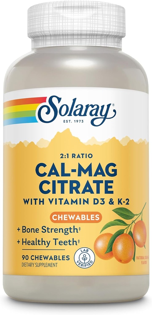 Solaray Cal-Mag Citrate Plus D-3 & K-2 Naranja Chewables