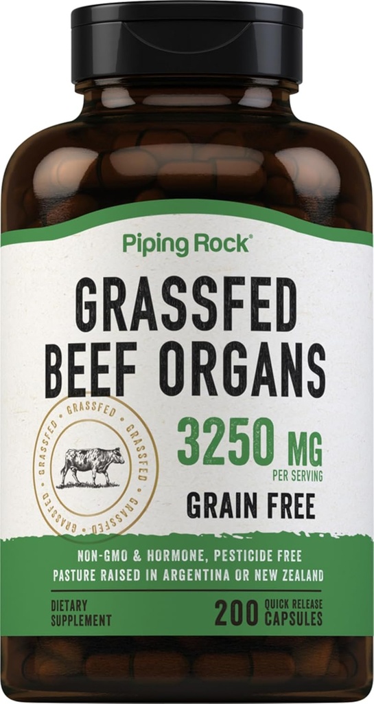 Piping Rock Grass Fed Beef Organs  3250 mg peru 200 Capsules ← Liver, Kidney, Pancreas, Heart, Spleen Supplement ← Non-GMO, Gluten Free