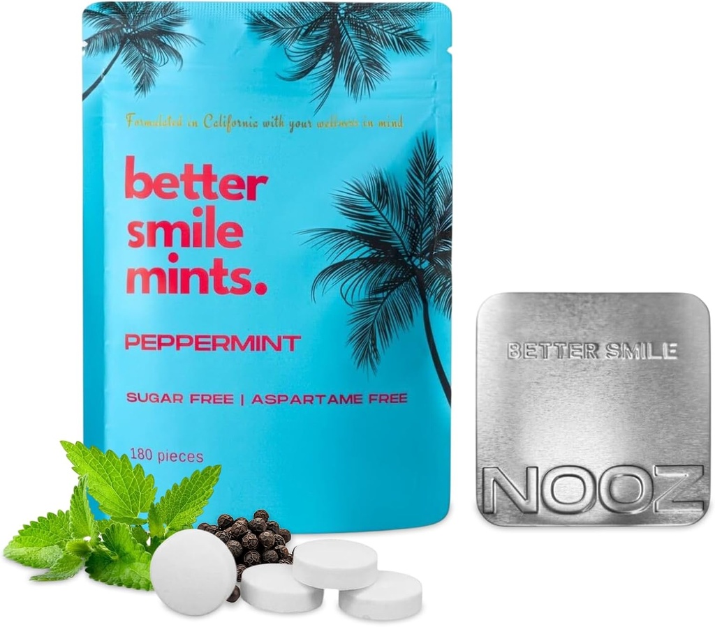 NOOZ Mejores Mints de Sonris – 180 Cuenta Silencio Oral Health & Fresh Breath Support TEN Gum &amp; Teeth Care, pH Balance TENIDO Sugar-Free, Aspartame-Free TEN Peppermint Flavor ANTE Includes Premium Refillable Tin