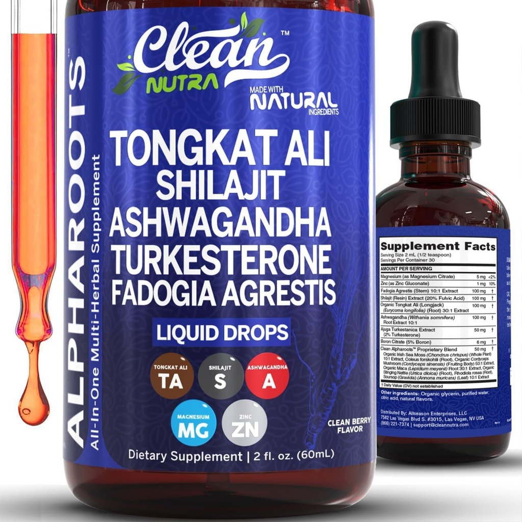 Tongkat Ali Liquid Drops Shilajit, Ashwagandha, Turkesterone, Fadogia Agrestis, Magnesium, Irish Sea Moss, y Zinc Herbal Suplemento por Clean Nutra