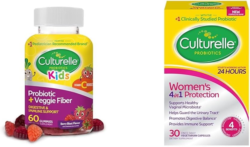 Culturelle Daily Probiotic for Kids + Veggie Fiber Gummies (Ages 3+) - 60 Cuenta - Salud Digestiva " Suplementos Probióticos diarios para mujeres de 4 en-1 - Apoyo a la salud vaginal