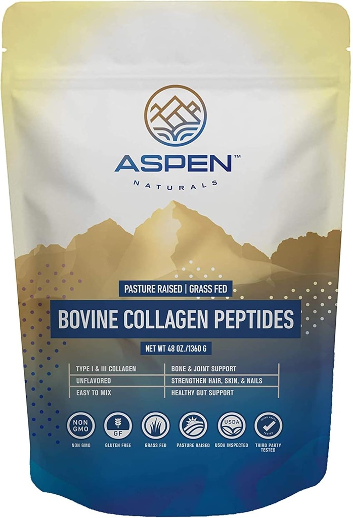 ASPEN NATURALS Grass fed Bovine Collagen Peptides Powder 3lb - Collagen for Women, USA Fuente de USDA Inspected Cattle, Gluten Free, Paleo Friendly, Water Soluble, Flavorless, Easily Mixes