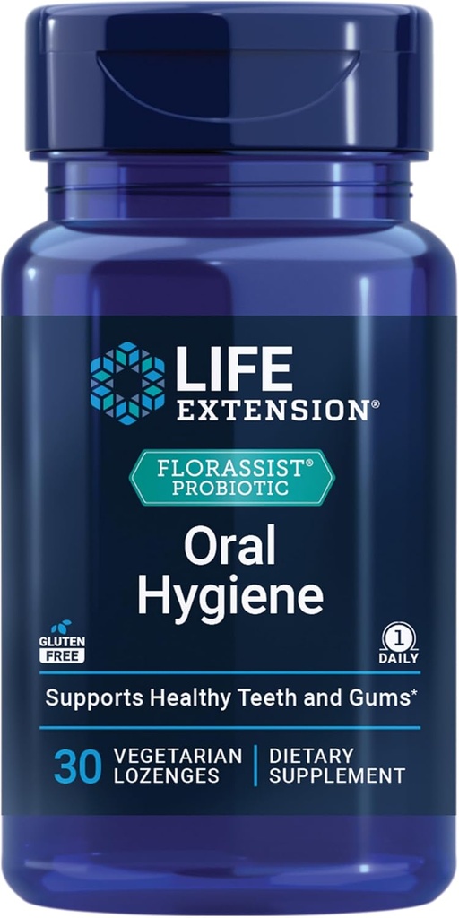 Extensión de vida FLORASSIST® Higiene Oral Probiótica, Probiótico Oral para dientes y gomas, niveles de pH, Higiene Dental, Apoyo Inmunitario, BLIS M18TM, Once Daily, Gluten Free, Vegetarian, 30 lozenges