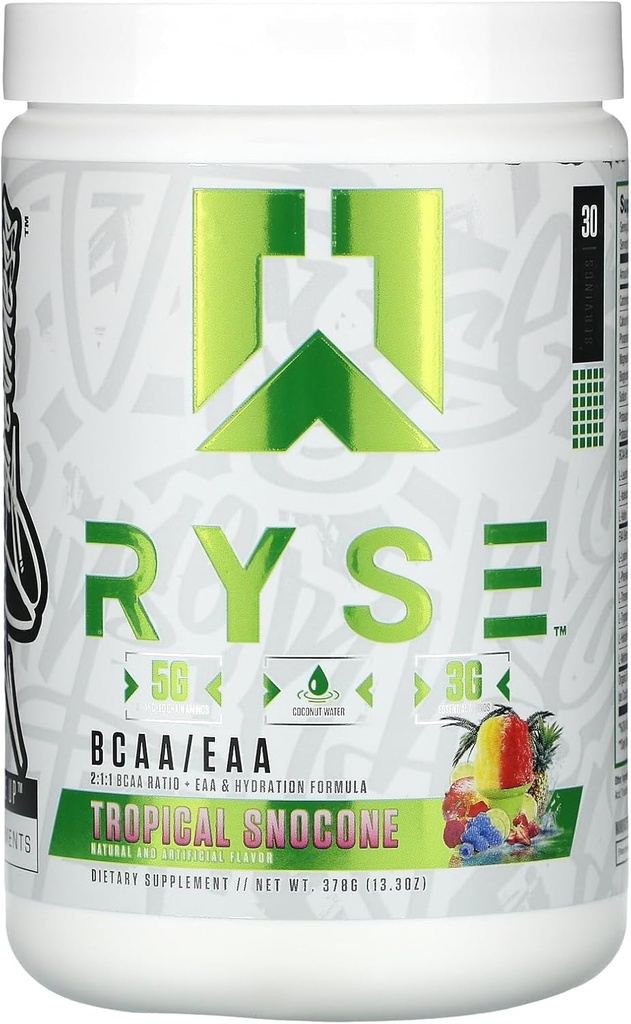 RYSE BCAA EAA Powder - Snocone tropical - 5g Aminoácidos de cadena ramificados, 3g Aminos esenciales, electrolitos libres de azúcar para recuperación muscular, resistencia, hidratación y fuerza - 30 Servimientos