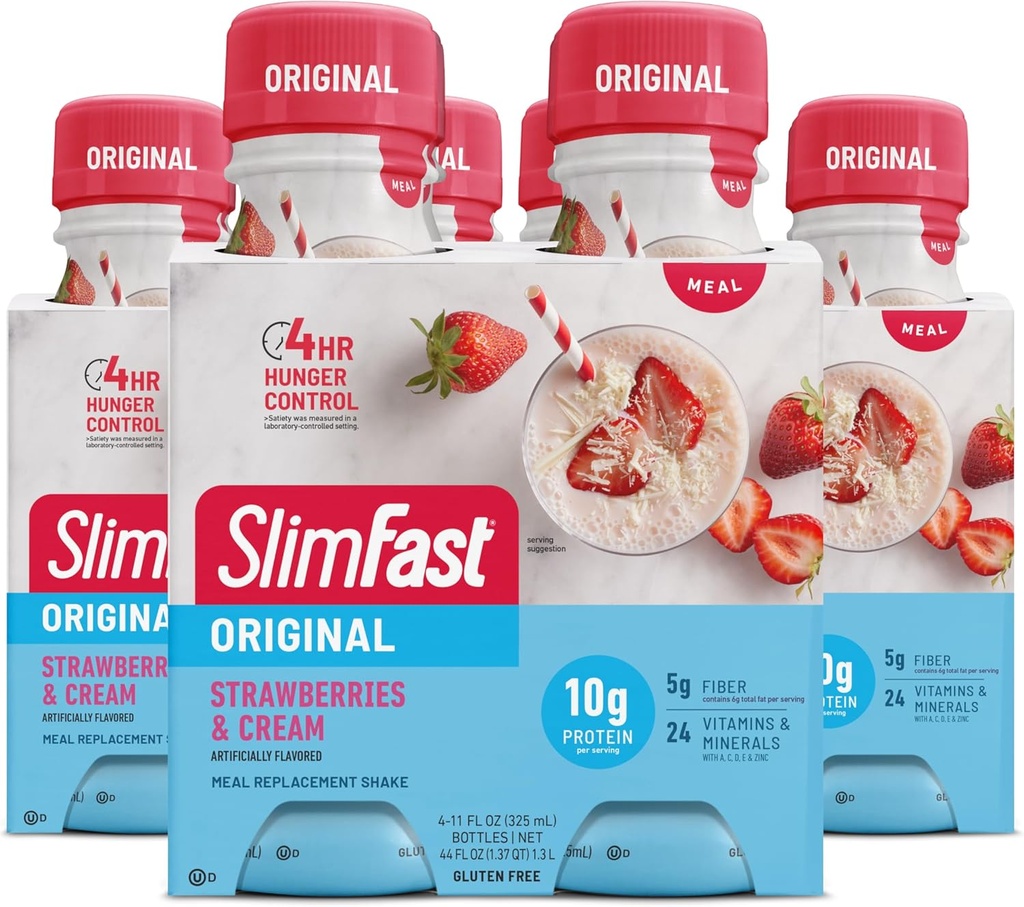 SlimFast Meal Replacement Shake, Original Strawberries & Cream, 10g de List to Drink Protein for Weight Loss, 11 Fl. Oz Bottle, 4 Count (Pack of 3) (Packaging May Vary)