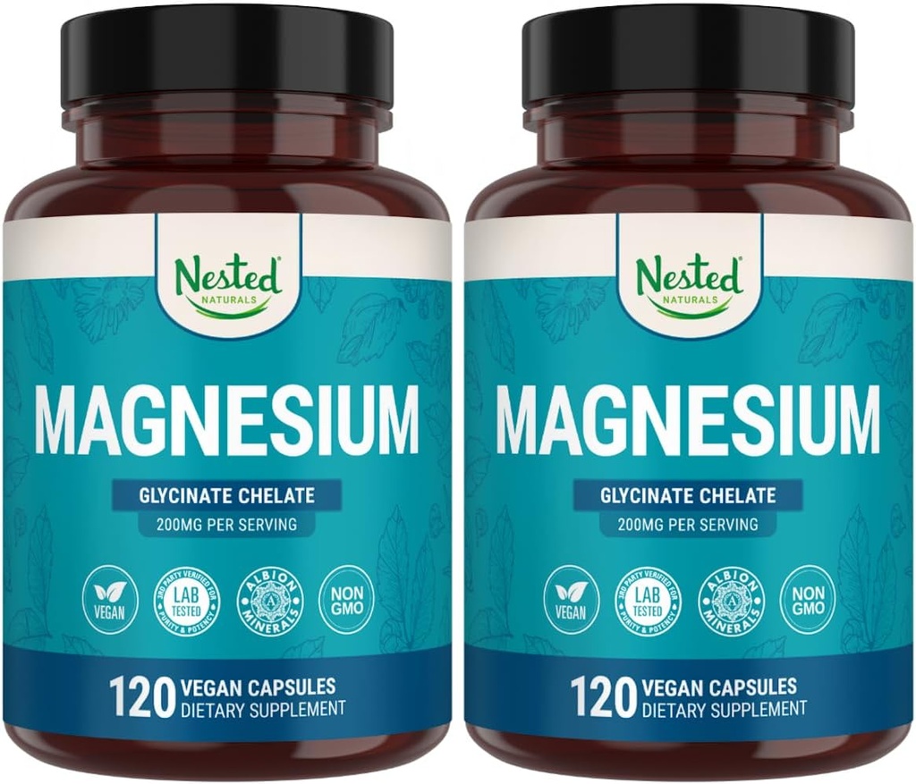 Anidado Naturales Magnesio Glycinate Chelate - 200mg Magnesio Chelated Suplemento para los cáñamos de músculo, Relajación, &amp; Apoyo al sueño - 100% Albion TRACCS Buffered Magnesium Glycinate - 240 cápsulas Vegan