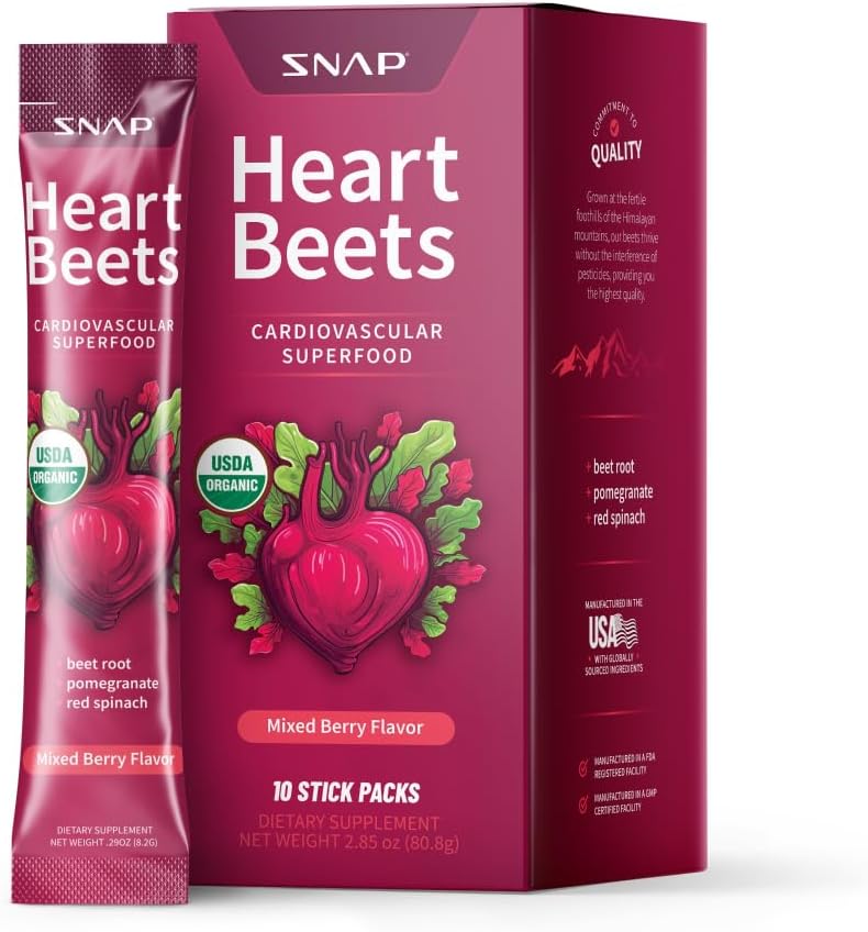 Snap Supplements Heart Beets Stick Packs, Organic Beet Root Powder Drink Mix, Cardiovascular Support for Men &amp; Women, Beets, Pomegranate &amp; Red Spinach, Nitric Oxide Booster, Mixed Berry, 10 Servings