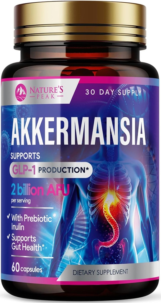Akkermansia Probiotic Supplement - 2 Billion AFU GLP-1 Suplemento con fibra prebiótica - Akkermansia Muciniphila GLP-1 Probióticos para hombres de mujeres - Digestivo, Gut &amp; Immune Support - 60 cápsulas