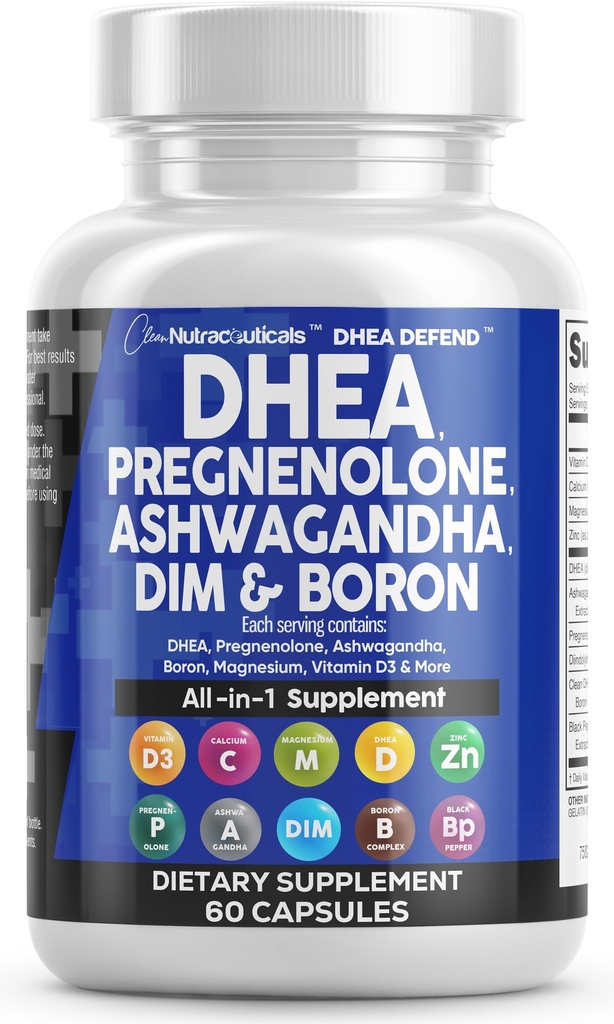 DHEA 200mg Suplemento Pregnenolona 100mg para Hombres &amp; Mujeres con DIM Ashwagandha Boron 6mg Complejo Calcio Magnesio Zinc 50mg Vitamina D3 5000 iu Apoyo hormonal píldoras - Hecho en EE.UU. 60 Ct