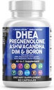 DHEA 200mg Suplemento Pregnenolona 100mg para Hombres &amp; Mujeres con DIM Ashwagandha Boron 6mg Complejo Calcio Magnesio Zinc 50mg Vitamina D3 5000 iu Apoyo hormonal píldoras - Hecho en EE.UU. 60 Ct