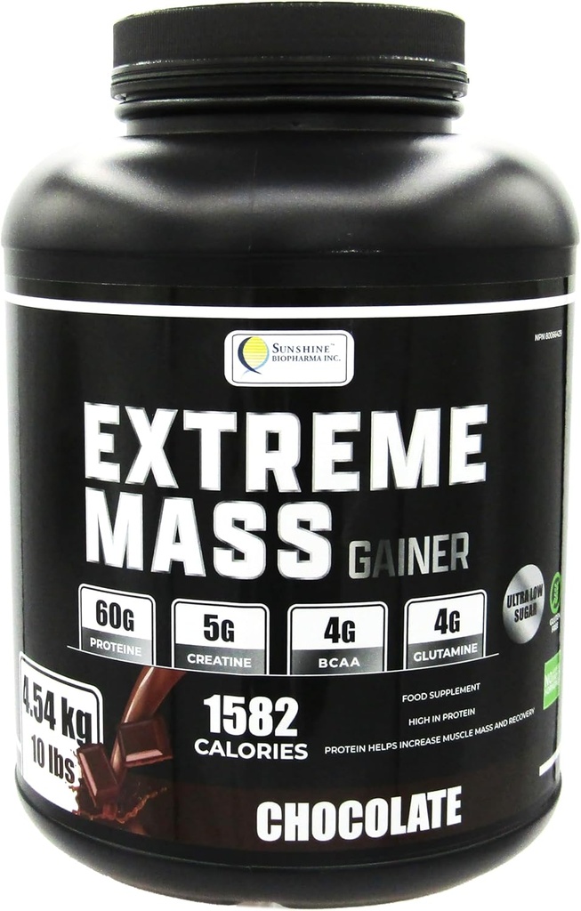 Extreme Mass Weight Gainer Muscle Builder, 10 lb (4.54 kg) with Less Sugar for Intense Workout Training Made of high Calorie Fortified whey Protein (Chocolate)