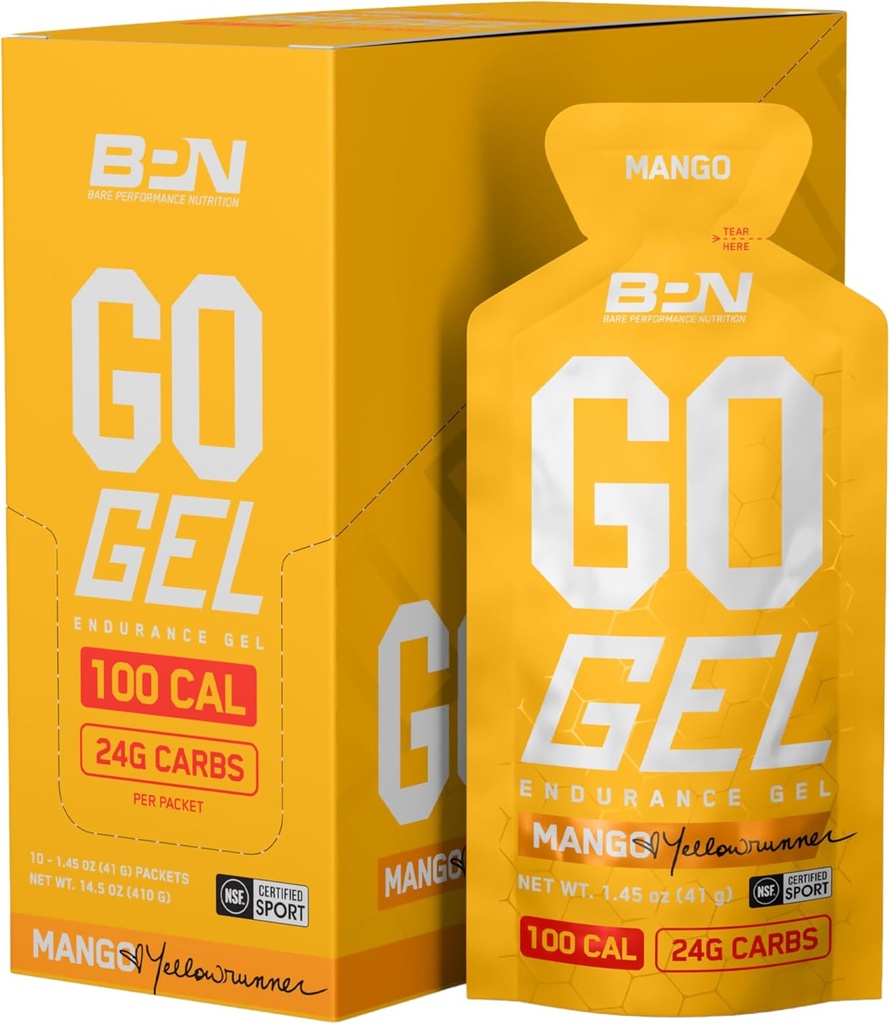 BARE PERFORMANCE NUTRITION, BPN Go Gel Endurance, 24g of Carbohydrates &amp; 100 Calories per Pack, Vegan + Gluten Free Running Gel, 10 Single-Serving Packs, Mango