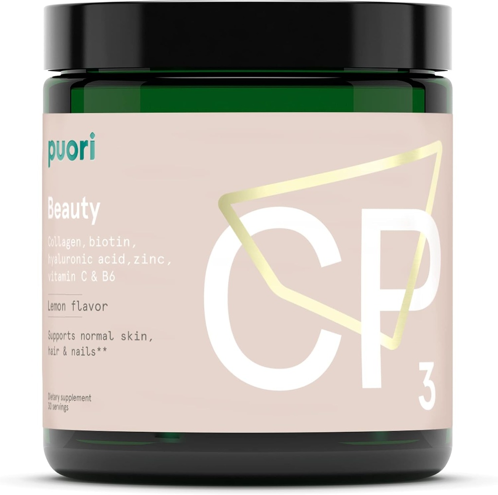 Suplemento Puori Collagen Powder con ácido hialurónico Biotina, Complejo de belleza CP3 - Péptidos de colágeno hidrolizado - Esquí, pelo " uñas - zinc, vitamina B, vitamina C - limón