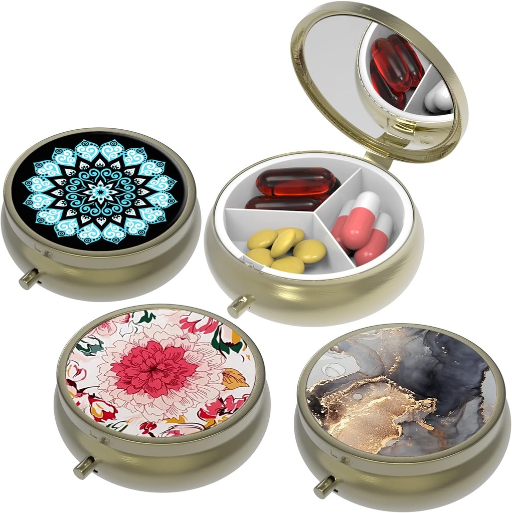Caja pequeña de pill,Caso para púrpura de pólvora,3 Compartimientos Caja de la pila de viaje Medicamento Organizador Almacenamiento para vitaminas, píldoras, aceite de pescado y pendientes, clavos, bronce-3Round