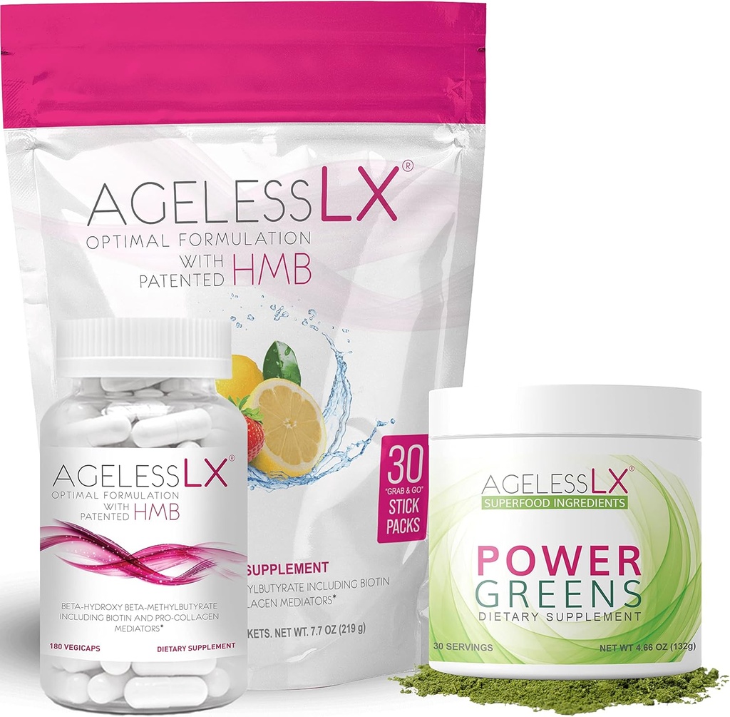 AgelessLX Biotin Suplemento cápsulas, Strawberry Lemonade & Power Greens Powder Bundle - Anti Aging Suplementos