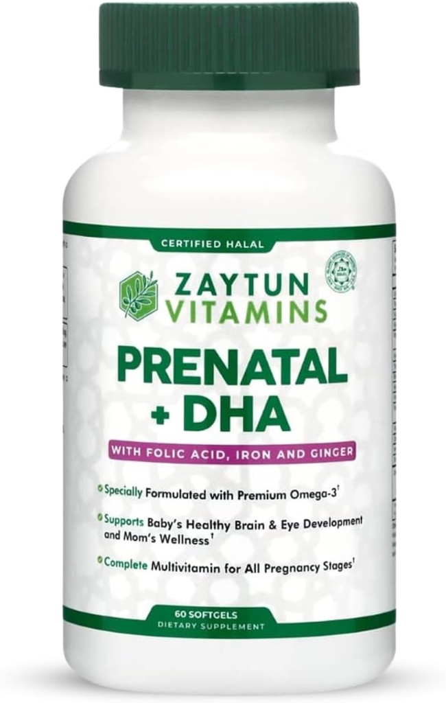 Vitaminas prenatales Halales + DHA, Hierro ácido fólico, Ginger for Soothing, One Daily, for All Pregnancy Stages, Gluten Free, Non-GMO, 60 Softgels, 2 Months Supply, USA Made, Vitaminas Halales