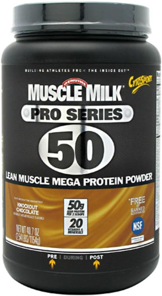 Muscle Milk Pro Series Protein Powder Suplemento, Knockout Chocolate, 2.54 libras, 14 piezas, 50g Proteína, 3g Azúcar, 20 vitaminas " Minerales, NSF certificado para el deporte, embalaje mayo Vary