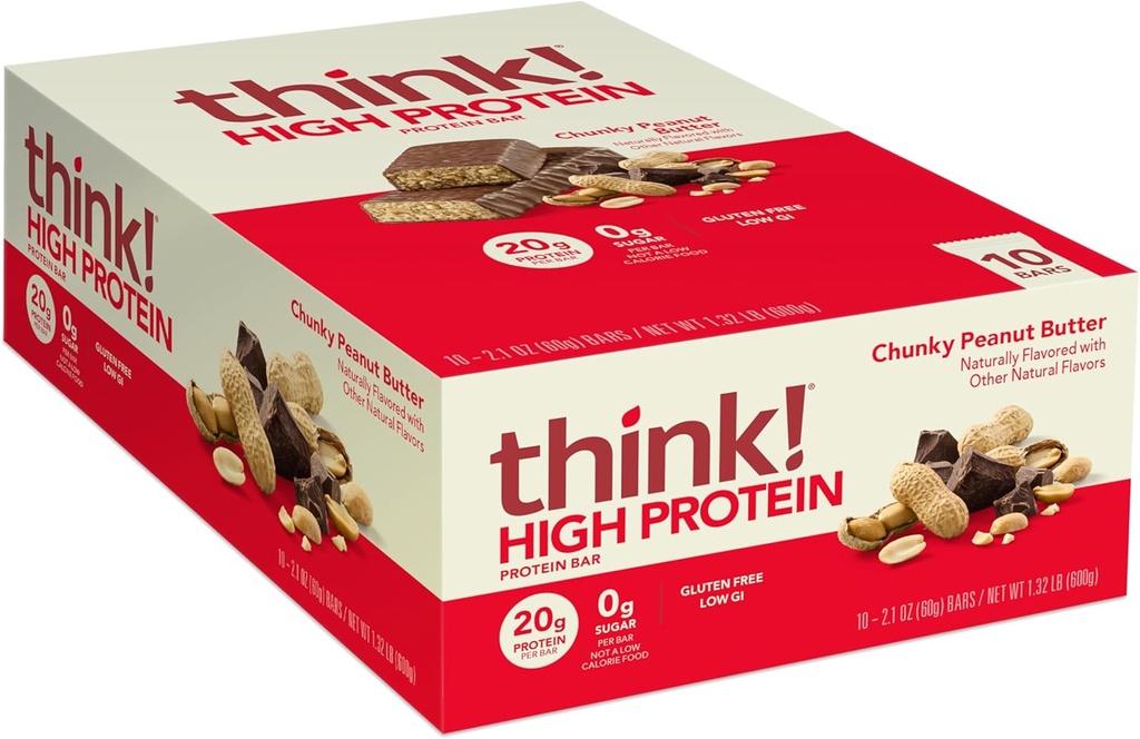 think! Protein Bars, High Protein Snacks, Gluten Free, Kosher Friendly, Chunky Peanut Butter, Nutrition Bars, 2.1 Oz per Bar, 10 Count (Packaging May Vary)