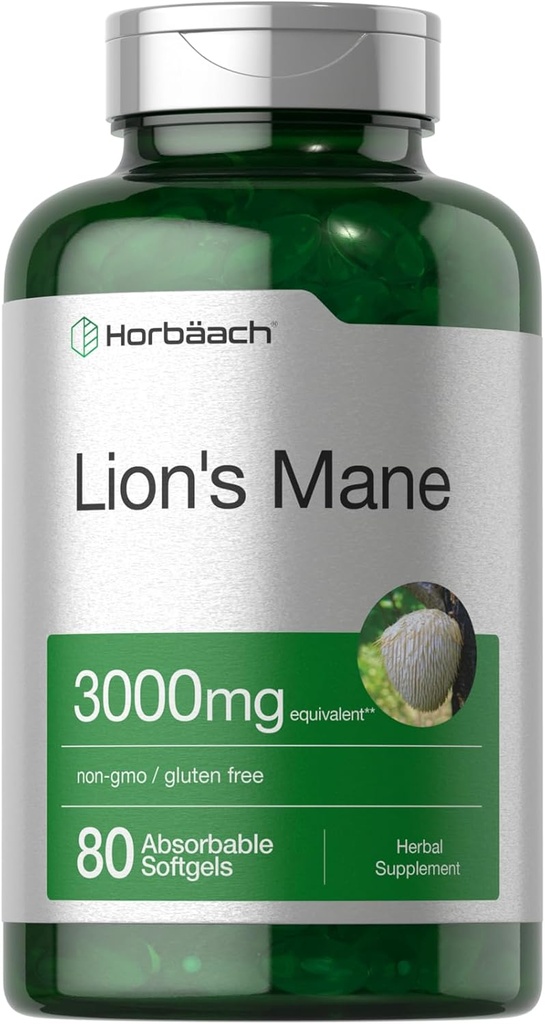 Horbäach Lions Mane Suplemento TEN 3000mg ANTE 80 Absorbable Softgels Silencio No GMO &amp; Gluten Free Extract