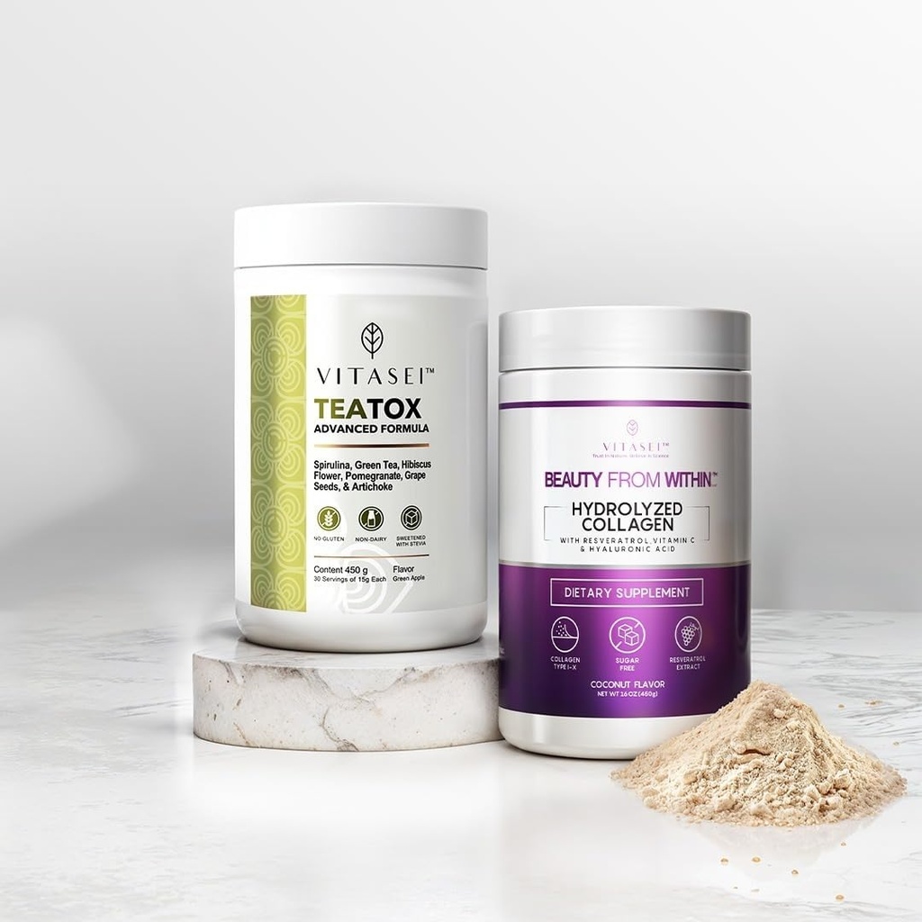 VITASEI Coconut Collagen " Teatox Detox Bundle – Hidrolyzed Collagen Peptides Powder " Cleanse Support Powder for Hair, Skin, Nails, and Digestive Health