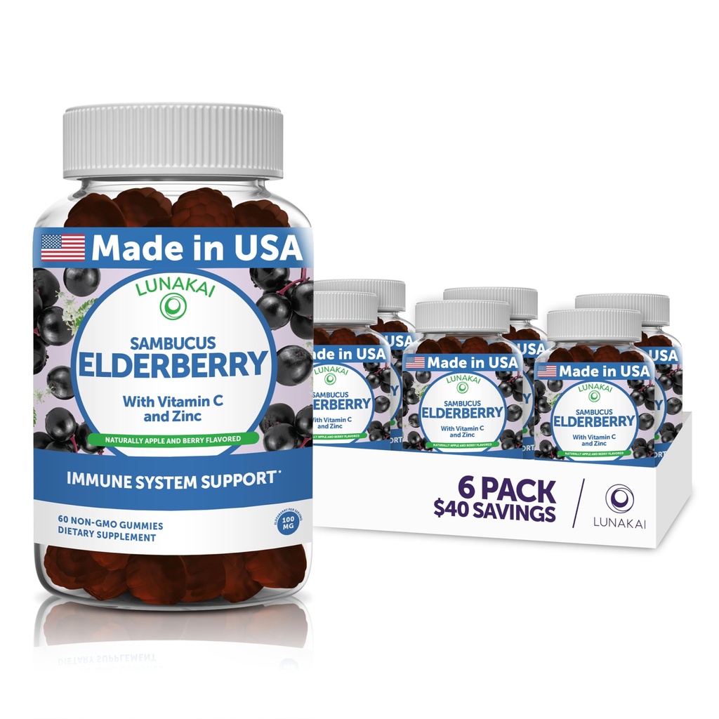 Lunakai Sambucus Elderberry Gummies with Zinc & Vitamin C for Adults & Kids - 100mg Black Elderberry Vitamins Immune Support Supplement - Vegan, Non-GMO, No Corn Syrup - 6 Pack