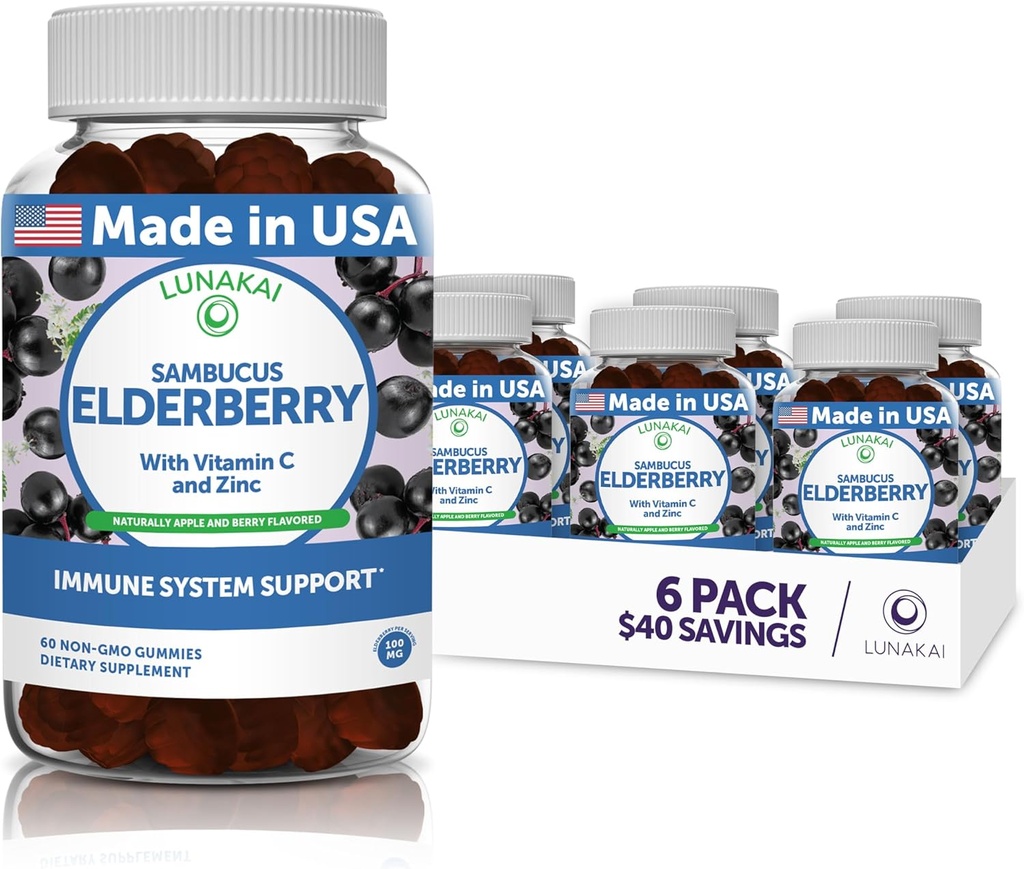 Lunakai Sambucus Gummies de arándano con zinc &amp; vitamina C para adultos &amp; niños - 100 mg de vitaminas de arándano Negro Suplemento de apoyo - Vegan, No GMO, Sin jarabe de maíz - 6 Pack