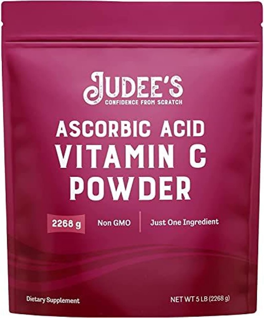 Powder de vitamina C puro de Judee 5 lb - 100% no GMO, libre de gluten y nuez - (L - ácido ascórbico) - Apoyo inmunitario &amp; Suplemento antioxidante - No Fillers - para cosméticos y alimentos conservantes