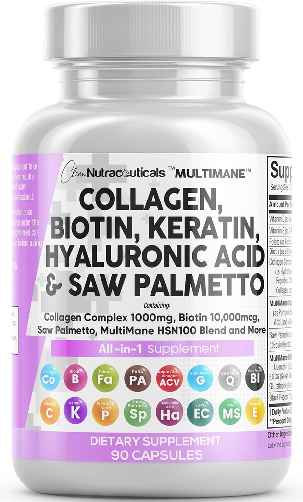 Nutracéuticos limpios Píldoras de colágeno 1000mg Biotina 10000mcg Keratina Saw Palmetto Ácido hialurónico - Esquí de pelo & uñas Vitaminas &amp; DHT Bloqueador con vitamina E Folic Acid Pumpkin Seed MSM - 90 Conde