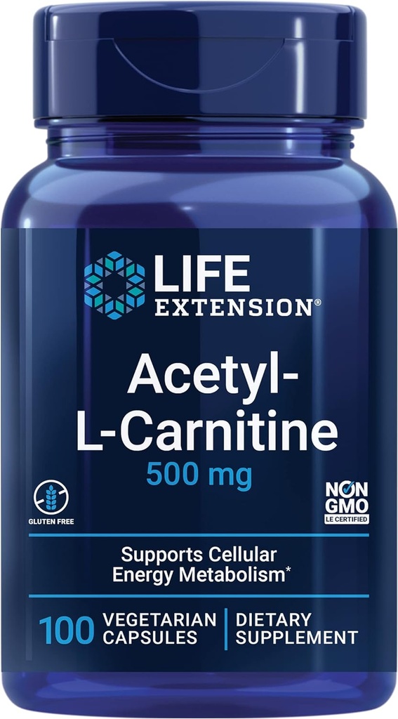 Extensión de vida Acetyl-L-Carnitine, Acetyl-L-Carnitine, Vitamina C, Brain, Mood &amp; Nerve Health, Cellular Energy, 3-Month Supply, Gluten-Free, Non-GMO, Vegetarian, 100 cápsulas