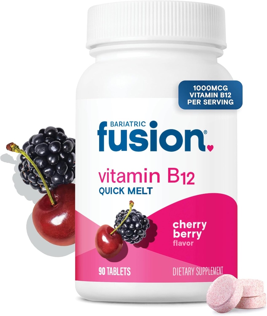 Bariatric Fusion Vitamina B12 Sublingual 1000 mcg Melts ¦ Cherry Berry Flavored  Vitamin B12 Dissolve Under Tongue Tablets with Folic Acid ← Sugar Free ← Methylcobalamin ← 90 Conde