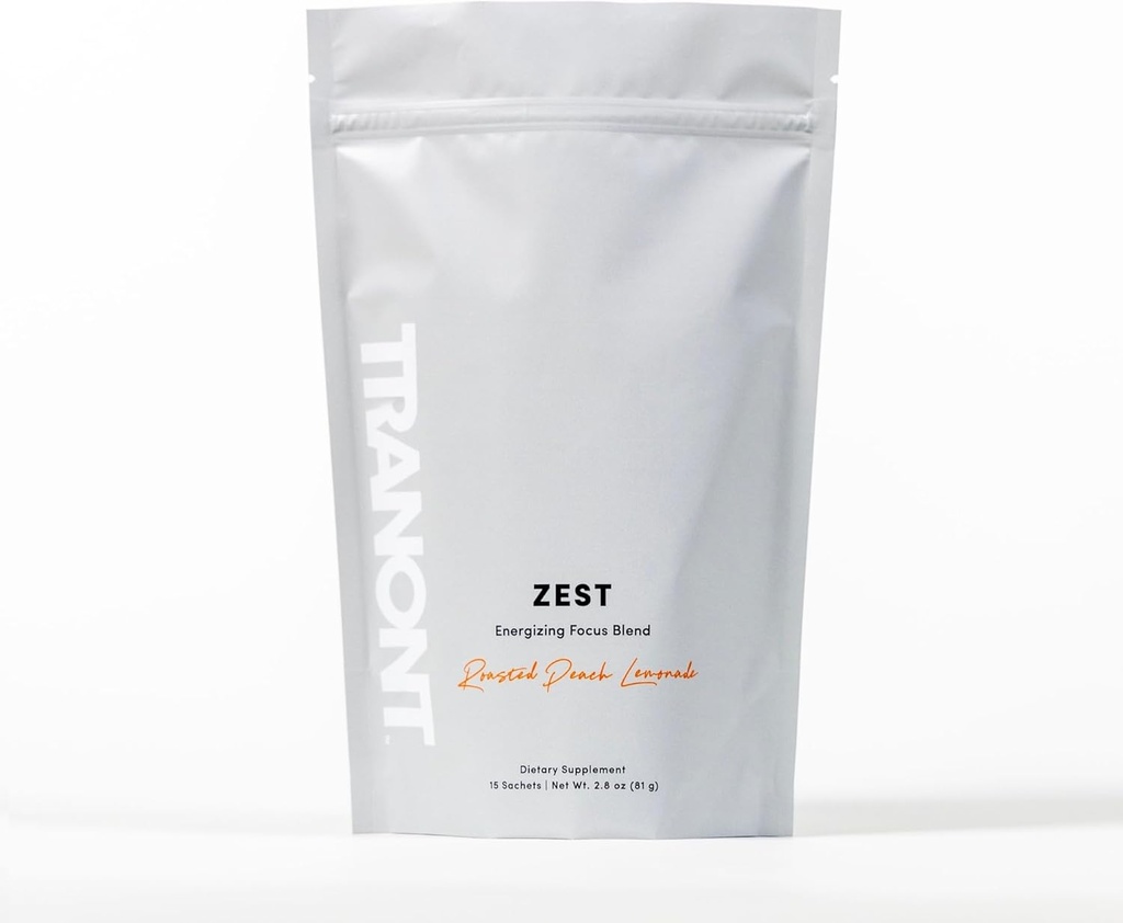 Tranont Zest Energizing Focus Blend Silencio Roasted Peach Lemonade Energy Powder TEN Gluten-Free, Sugar-Free with Green Tea L-Theanine, Vitamins & Antioxidants for Energy, Focus, and Health TEN 15 Sticks