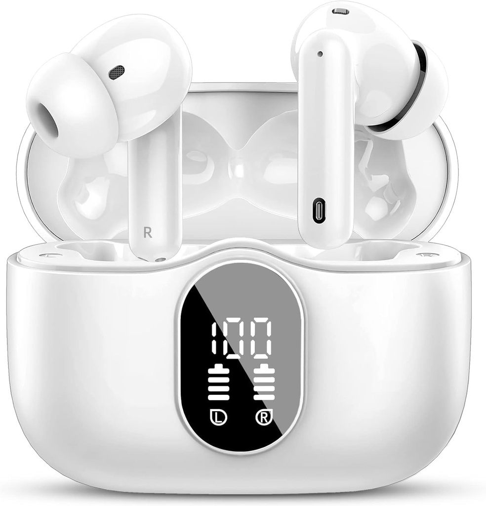 Btootos Wireless Earbuds Bluetooth 5.4 Auriculares Bass Stereo Ear Buds with Noise Cancelling Mic LED Display in Earphones IP7 Waterproof 36H Playtime for Laptop Pad Phones Sports Workout White