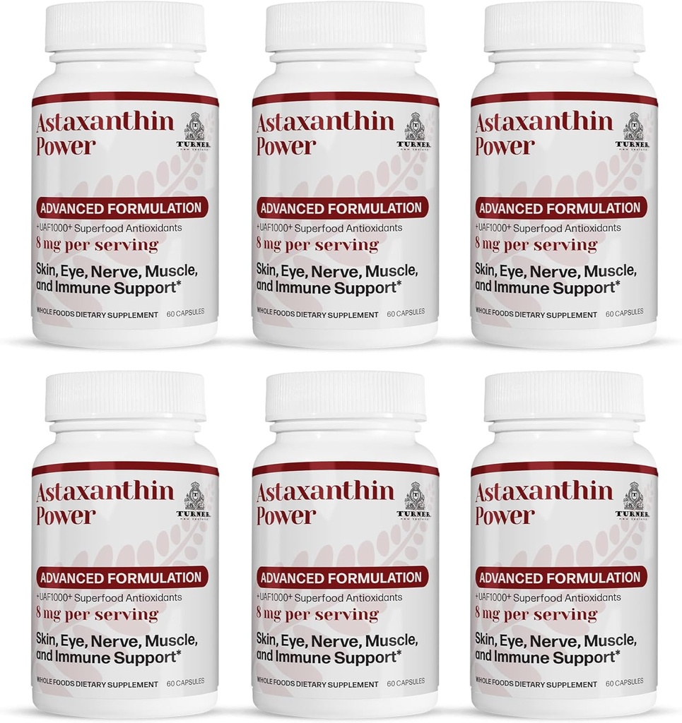 TURNER New Zealand Astaxanthin Power with UAF1000+, Anti-Aging, Skin, Eye, Nerve, Muscle Recovery, Immune Support Antioxidant Supplement, 12mg Astaxanthin, 180 Servings, 6 Botellas