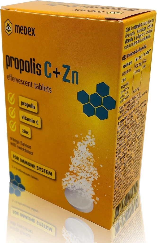 Tablas de propóleo de abeja natural MEDEX - Vitamina C con tablas efervescentes de zinc para el mantenimiento de apoyo inmunitario Suplemento de defensa extra – 20 Tablas - 80 gm