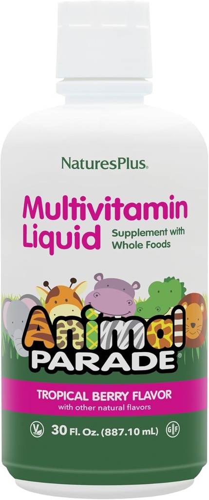 NaturesPlus Animal Parade Fuente de Vida Multivitamina Líquida para Niños - Tropical Berry Flavor - 30 fl oz - Suplemento Alimentario completo - Vegetariano, Libre de gluten - 60 Servings