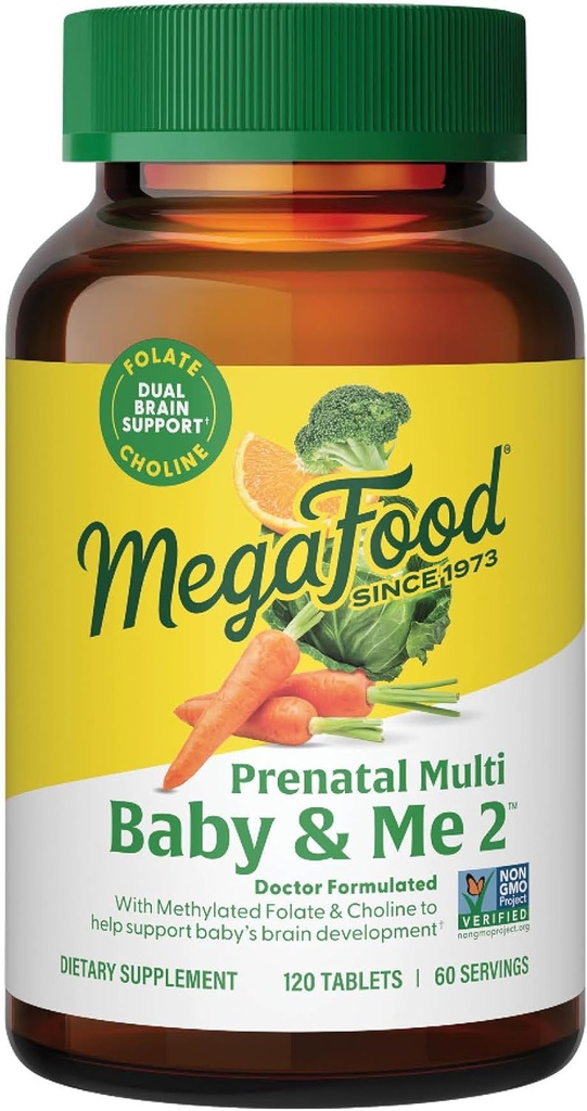 MegaFood Baby & Me 2 Prenatal Vitamin and Minerals - Vitamins for Women - with Folate (Folic Acid Natural Form), Choline, Iron, Iodine, and Vitamin C, Vitamin D and more - 120 Tabs (60 Servings)