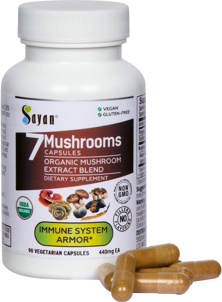 Sayan 7 Mushroom Extract 90 Capsules/440mg ea – Immune Support & Energy – Organic Chaga, Reishi, Lion's Mane, Maitake, Shiitake, Turkey Tail Adaptogen Blend – Vegan, Non-GMO, No Fillers o Additives