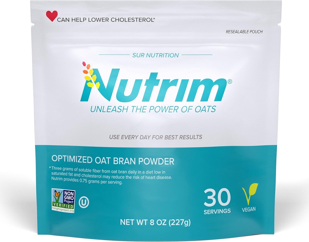 Nutrim Oat Bran Powder with 750mg Beta Glucan per Serving - Easy-Mix Soluble Fiber for Cholesterol Management & Immune Support - Heart Healthy, Non-GMO & Vegan Oatmeal Powder