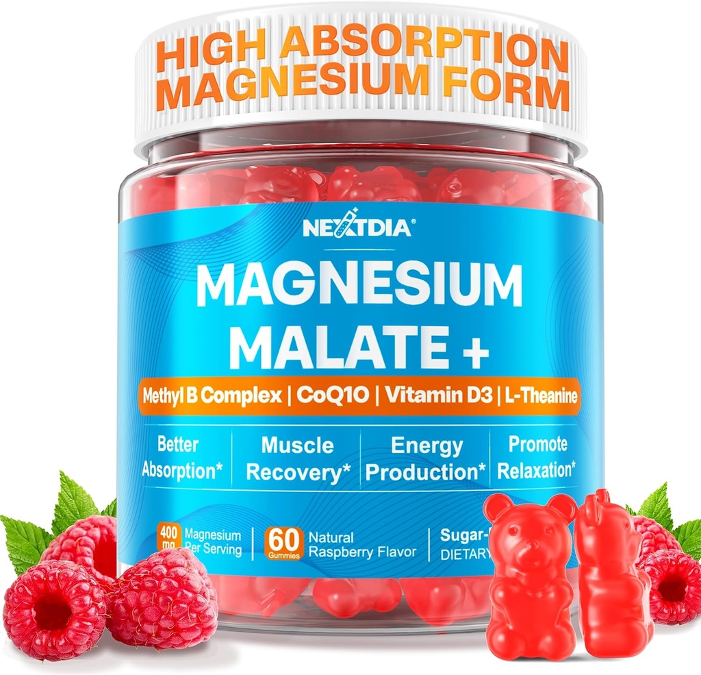 Magnesium Malate Energy Gummies Plus L-Theanine, CoQ10, Metil B12, Methylfolate, B6 &amp; D3-400mg Magnesium Gummy Sugar Gratis para Mujer Hombres, Apoya Función muscular, Calm &amp; Relax, Vegan, 60 Cts