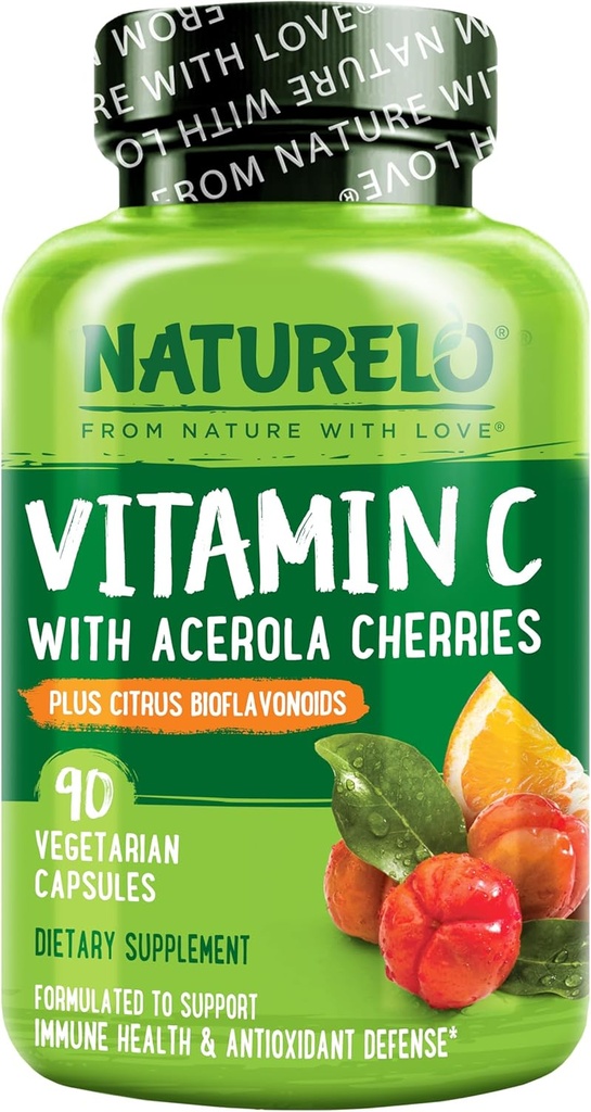 NATURELO Vitamina C con Extracto de Cereza Acerola Orgánica y Citrus Bioflavonoides - Suplemento Vegano - Apoyo Inmunitario - 500 mg VIT C por Cap - No GMO - 90 cápsulas