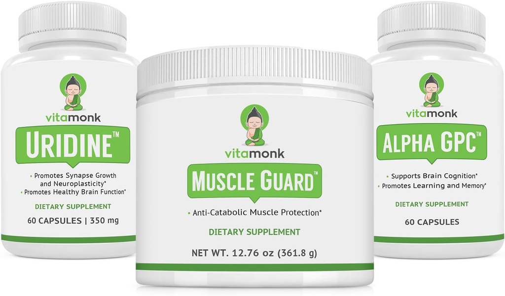 VitaMonk Muscle Guard " Alpha GPC Uridine Stack Bundle, HMB, EAAs, Vitamina D, Magnesio " Brain Support for Focus, Clarity, and Muscle Growth
