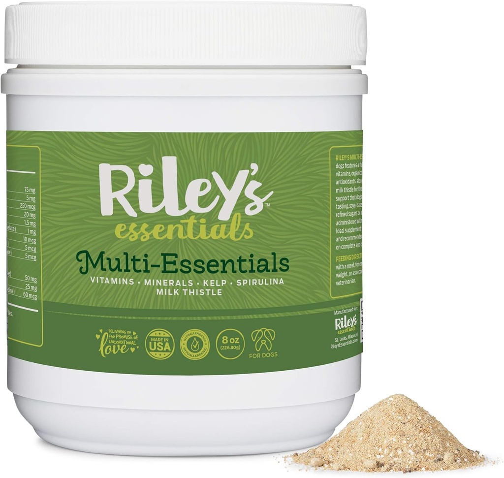 Multi-Esenciales de Riley Multivitamínico para Perros - Vitaminas, Minerales, Spirulina, Kelp y Milk Thistle for Nutritional Support - Puppy and Senior Dog Vitamins - 8oz Powder