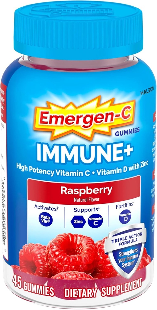 Emergen-C Immune+ Triple Action Immune Support Gummies, BetaVia (R), 1000mg Vitamina C, B Vitaminas, Vitamina D y Antioxidantes, Raspberry, Volver a Esenciales Escolares – 45 Cuenta