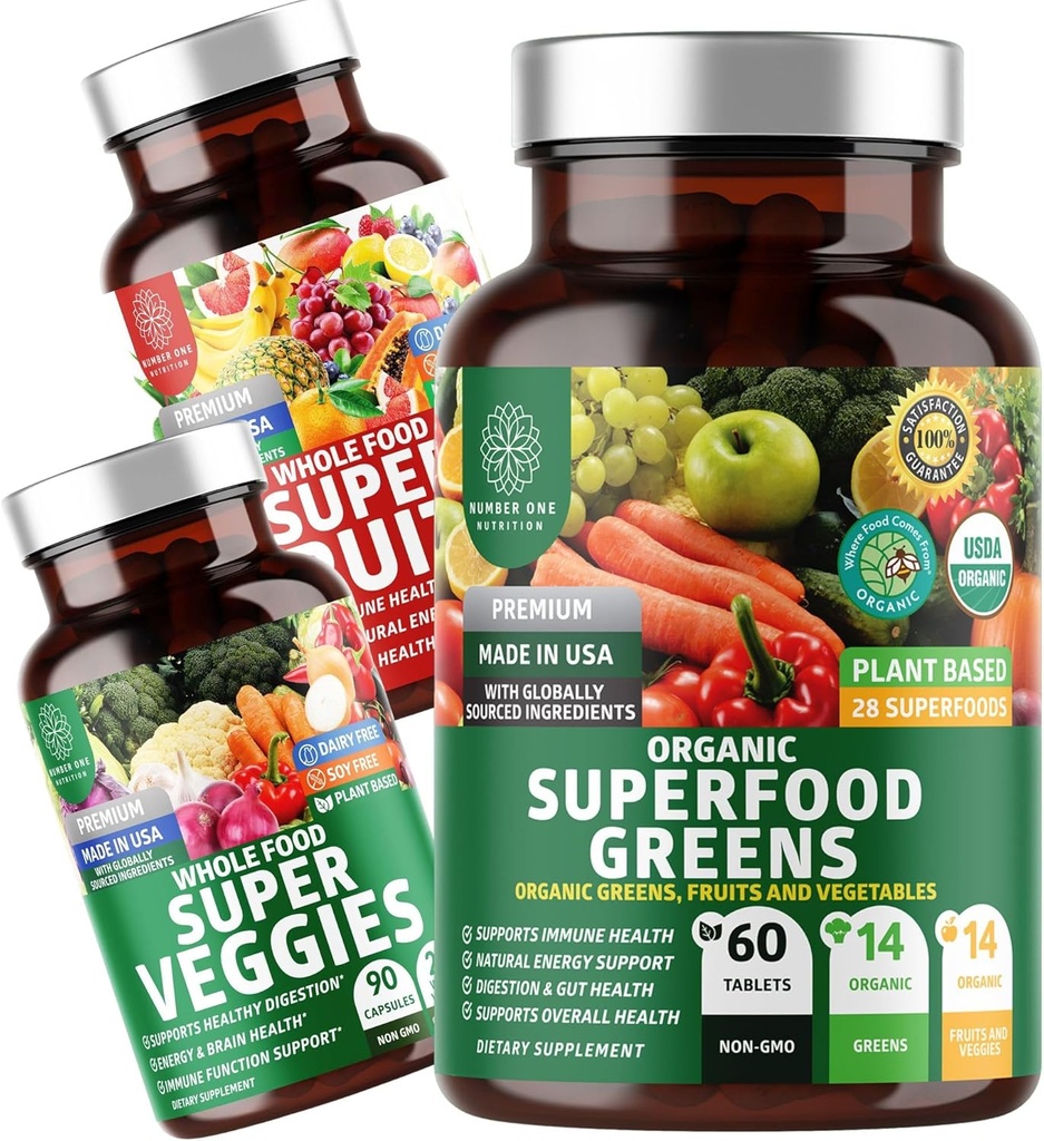 Número 1 Nutrición N1N Premium Superfood Greens [28 potentes ingredientes] y Super Fruits & Veggies Suplemento [40 Whole Foods] - Completo Superfood Bundle, 2 Pack